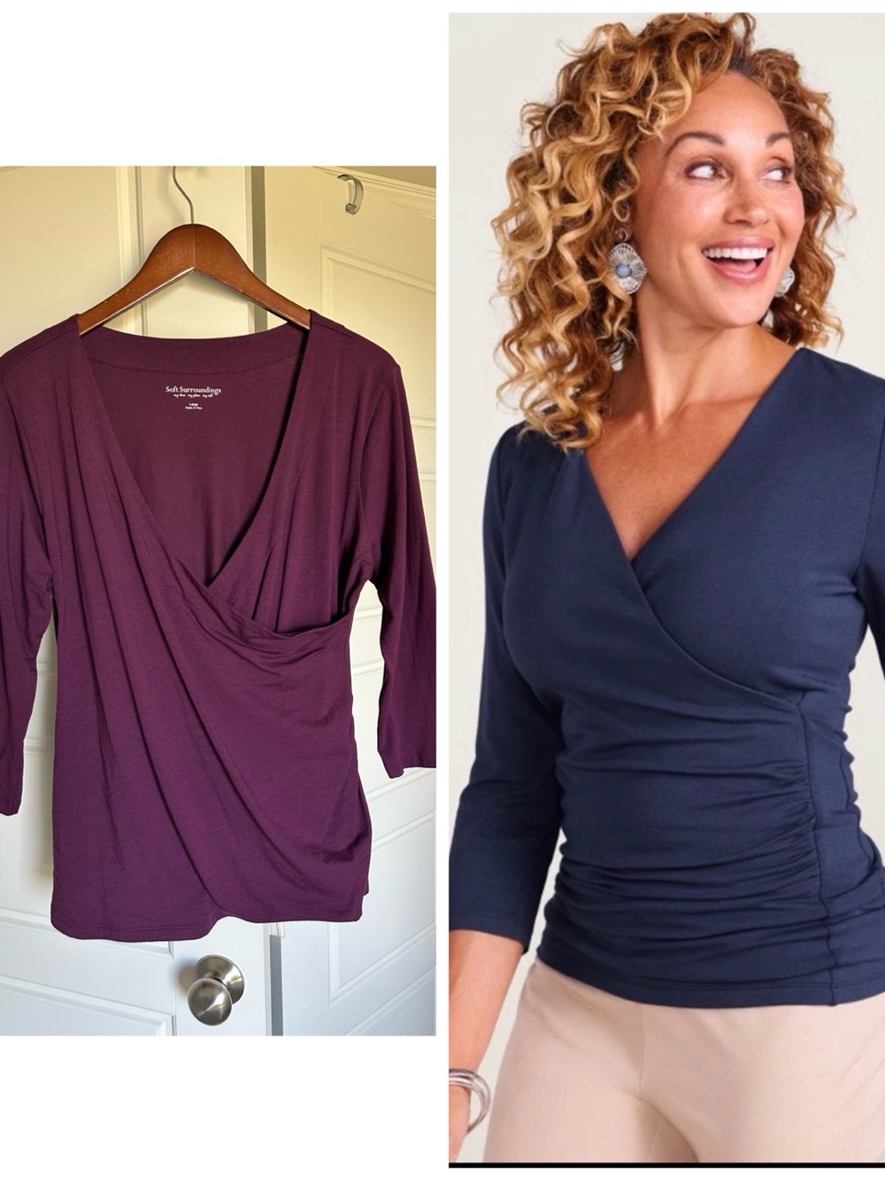 Soft Surroundings Wrap-Front Long Sleeve Alyssa Top Plum Size L